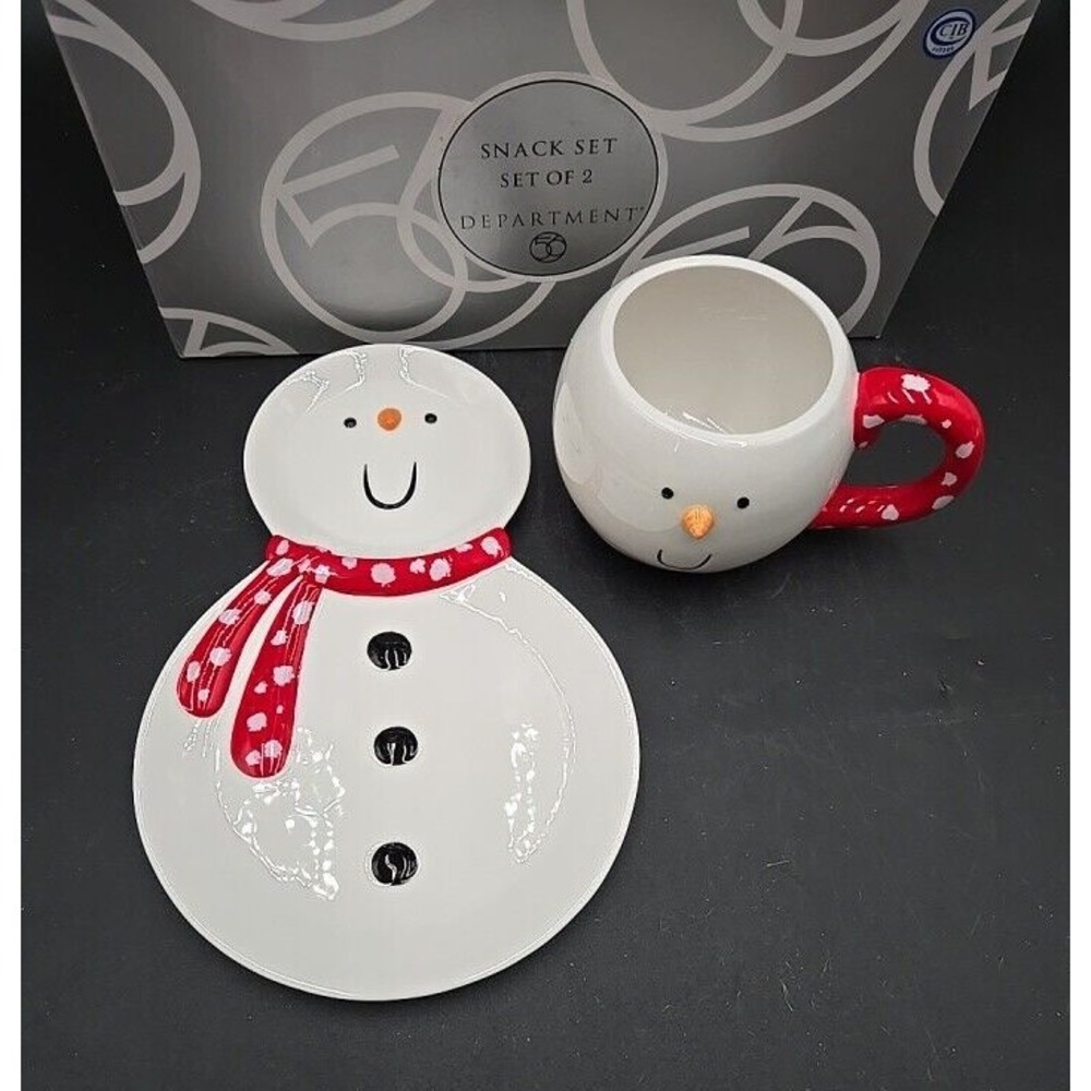 Snowman Red White Snack Plate Cup Mug. Christmas Seasonal Department 56‎ w/box